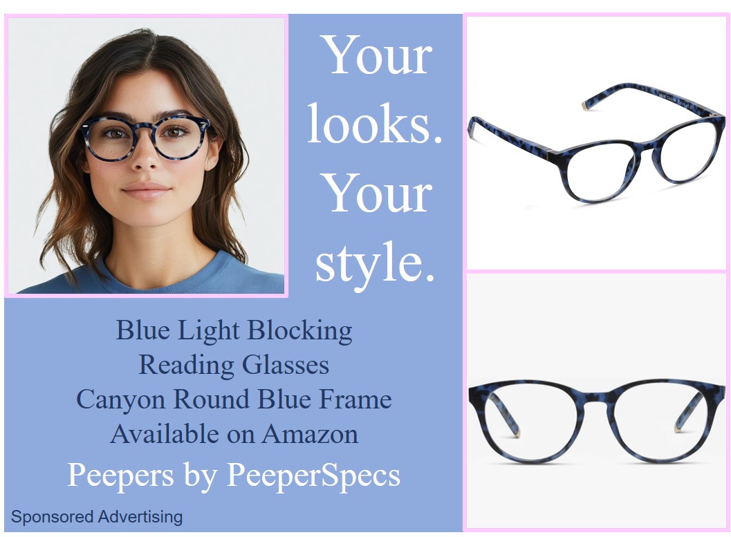 Peepers by PeeperSpecs Blue Light Blocking Reading Glasses Canyon Round Blue Frame Available on Amazon